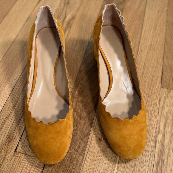 Chloé Lauren Suede Scallop Block Heel Pump 41 Tan - Picture 10 of 12